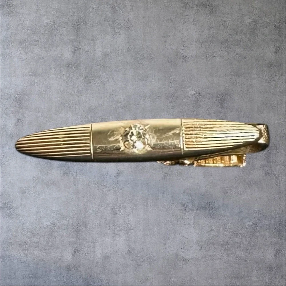 Vintage Gold Tone Tie Bar Bullet Shape Rhinestone Ribbed Ends